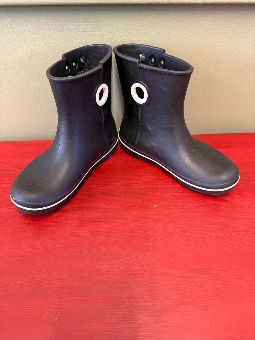 Women’s Croc Black Rain Boots with White Accent